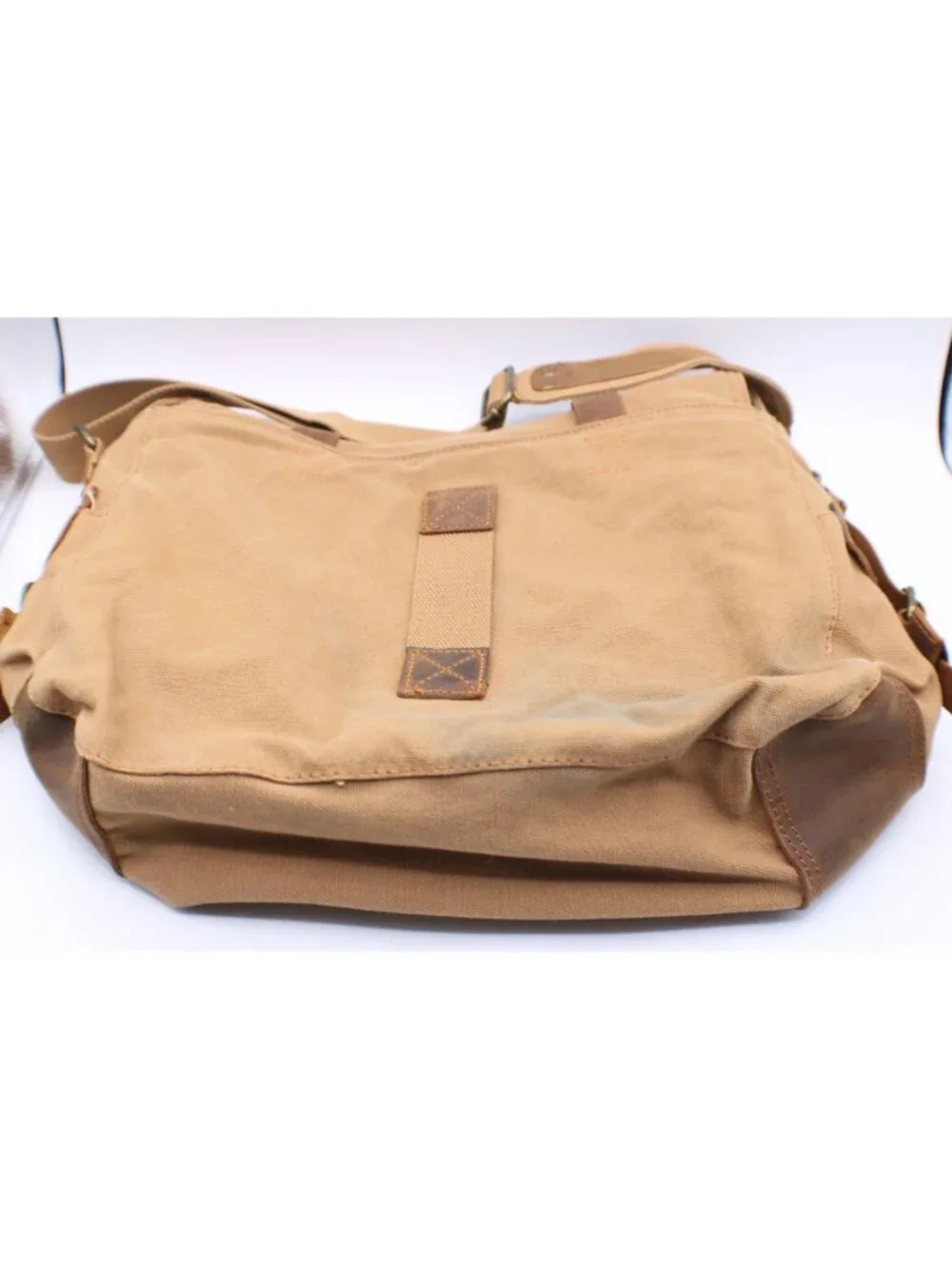 Augur Strauss & Co Canvas Messenger Bag Tan Buckle Flaps Adj Strap Utility Style